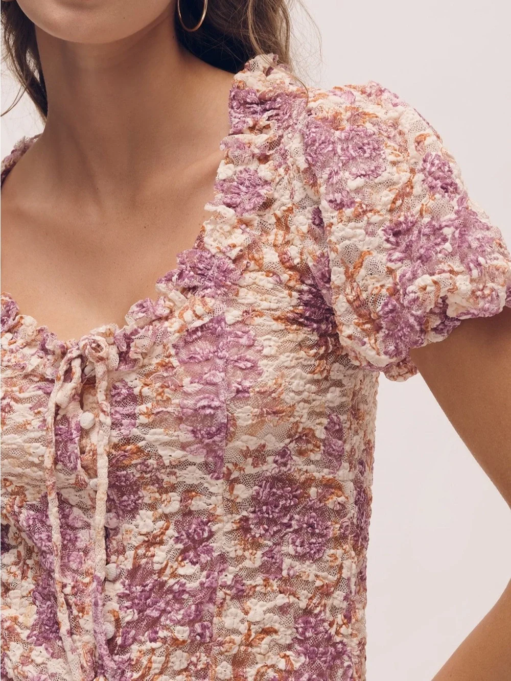 Anthropologie Purple Cream Lace Floral Ruffle Tie Puffy Sleeves Sheer Top XXS
